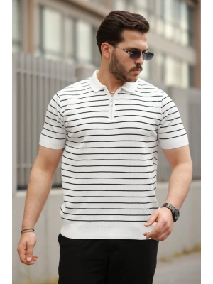 Erkek Fermuar Yakalı çizgili Kısa Kollu T-shirt