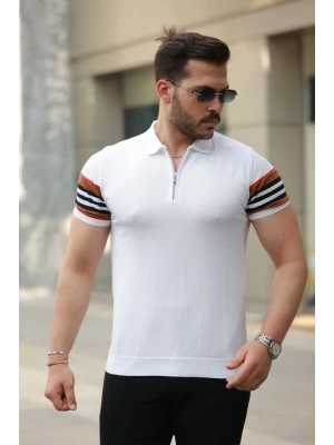 Erkek Fermuar Yakalı Kolları Desenli Kısa Kollu Tişört