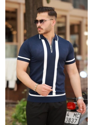 Erkek Fermuar Yakalı şerit Detaylı Kısa Kollu Tişört