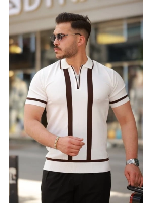 Erkek Fermuar Yakalı şerit Detaylı Kısa Kollu Tişört