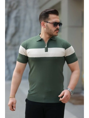 Erkek Fermuar Yakalı şerit Renk Desenli Kısa Kollu Tişört