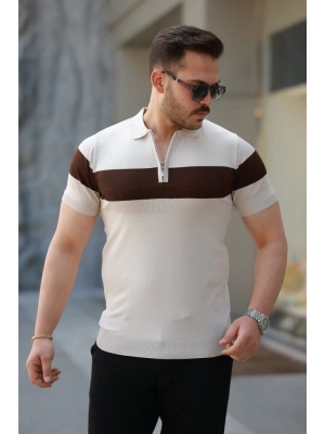 Erkek Fermuar Yakalı şerit Renk Desenli Kısa Kollu Tişört