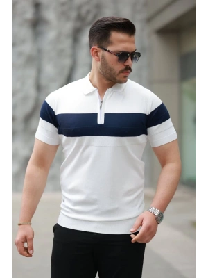 Erkek Fermuar Yakalı şerit Renk Desenli Kısa Kollu Tişört