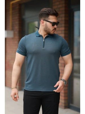 Erkek Fermuarlı Yaka Kısa Kollu Tişört