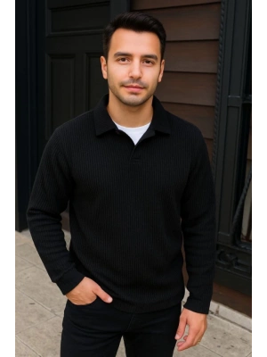 Erkek Fitilli Polar Sweatshirt – Düğmesiz Polo Yaka, Oversize Rahat Kalıp, Kalın Polar Kumaş, Kışlık Ve Baharlık Şık Günlük Üst - Siyah