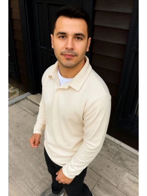 Erkek Fitilli Polar Sweatshirt – Düğmesiz Polo Yaka, Oversize Rahat Kalıp, Kalın Polar Kumaş, Kışlık Ve Baharlık Şık Günlük Üst - Beyaz