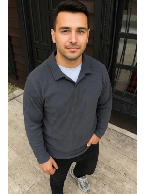 Erkek Fitilli Polar Sweatshirt – Düğmesiz Polo Yaka, Oversize Rahat Kalıp, Kalın Polar Kumaş, Kışlık Ve Baharlık Şık Günlük Üst - Füme