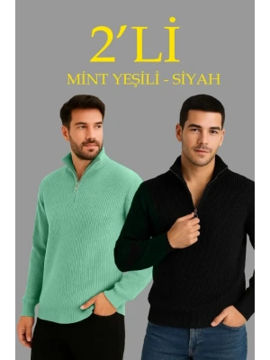 Erkek Fitilli Triko Kazak 2’li Set –  Mint Yeşili - Siyah, Kalın Dokuma Pamuklu Regular Fit V Yaka Fermuarlı Uzun Kollu Rahat Kışlık Kazak Kombini
