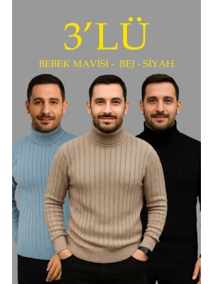 Erkek Fitilli Triko Kazak 3lÜ Set Bebek Mavisi Bej Siyah Regular Balıkcı Yaka Tam Boğazlı Triko Seti Modeli Kazak