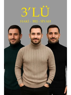 Erkek Fitilli Triko Kazak 3lÜ Set Bej Haki Siyah Regular Balıkcı Yaka Tam Boğazlı Triko Seti Modeli Kazak
