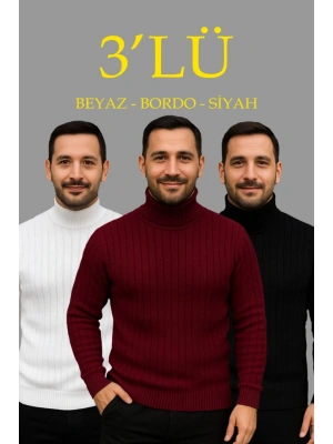 Erkek Fitilli Triko Kazak 3lÜ Set Beyaz Bordo Siyah Regular Balıkcı Yaka Tam Boğazlı Triko Seti Modeli Kazak