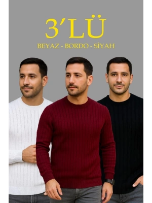 Erkek Fitilli Triko Kazak 3lü Set Beyaz Bordo Siyah Regular Fit Bisiklet Yaka Triko Seti