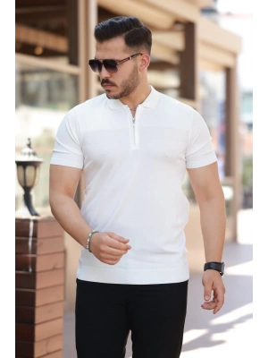 Erkek Göğüs Pirinç Desenli Fermuar Yakalı Kısa Kollu Tişört