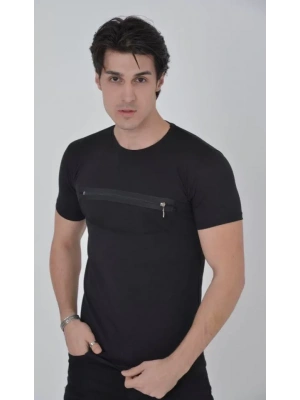 Erkek Göğüste Fermuar Aksesuarlı Dar Kalıp T-Shirt - Siyah