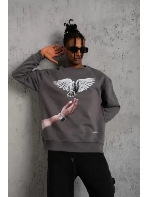 Erkek Güvercin Baskılı Sweatshirt - Gri
