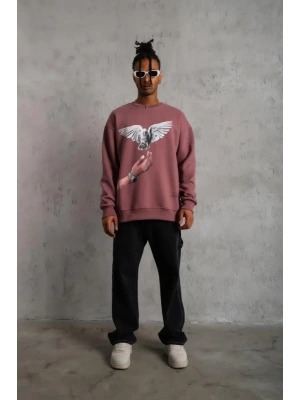 Erkek Güvercin Baskılı Sweatshirt - Gül Kurusu