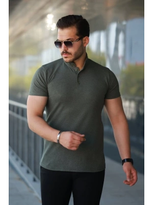 Erkek Hakim Yaka Dokuma Pamuklu Kumaş Kısa Kollu Tişört
