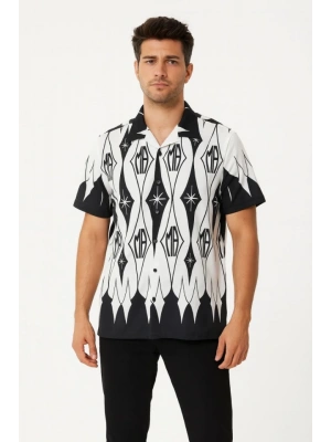 Erkek İki İplik Kumaş Dijital Baskılı Gömlek - Siyah