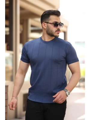 Erkek Ince çizgi Dokulu Bisiklet Yaka Kısa Kollu T-shirt