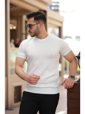 Erkek Ince çizgi Dokulu Bisiklet Yaka Kısa Kollu T-shirt