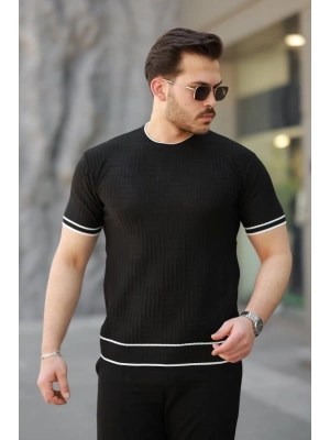Erkek Jakarlı Ribanalı Kısa Kollu T-shirt