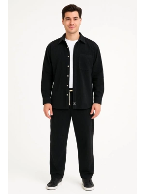 Erkek Kadife Oversize Takım – Gömlek Ve Pantolon İkili Set Füme Corduroy Şıklığı, Rahat Ve Zarif Duruş Yumuşak Dokulu Kadife Kumaş, Düğmeli Gömlek Üst Ve Lastikli Pantolon Alt Parça Ile Gün Boyu Konfor- Siyah