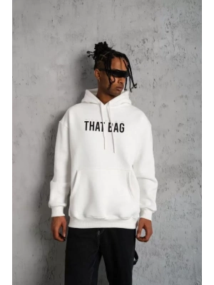 Erkek Kanguru Cep Baskılı Kapüşonlu Sweatshirt - Beyaz