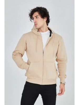 Erkek Kapüşonlu Düz Fermuarlı Hırka - Bej