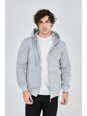 Erkek Kapüşonlu Düz Fermuarlı Hırka - Gri