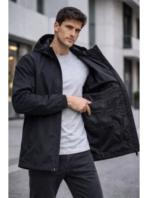 Erkek Kapüşonlu Su İtici Rüzgarlık Ceket Mevsimlik Hafif Mont - Siyah