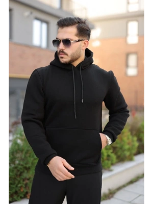 Erkek Kapüşonlu Üç İplik Şardonlu Hoodie