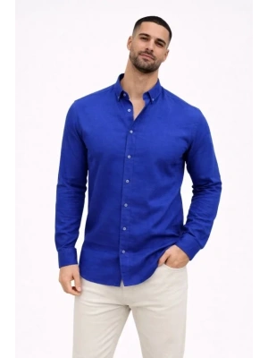 Erkek KETEN Kumaş Oversize Uzun Kollu Rahat Kalıp Gömlek - Saks Mavisi