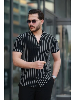 Erkek Kısa Kollu Beyaz çizgi Desenli örme Kumaş Pamuklu Gömlek