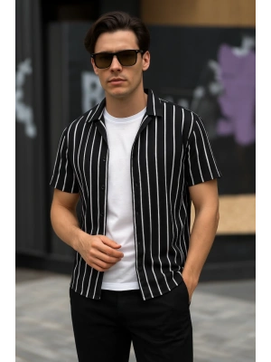 Erkek Kısa Kollu Beyaz çizgi Desenli örme Kumaş Pamuklu Gömlek