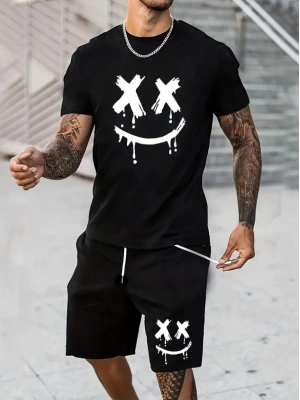 Erkek Kısa Kollu Bisiklet Yaka Baskılı Bluz Ipli Short Iki Iplik Takım