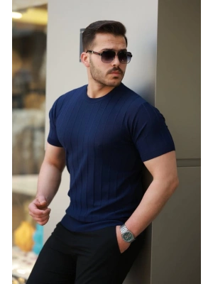 Erkek Kısa Kollu Bisiklet Yaka çizgili Triko Tişört