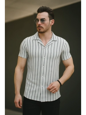 Erkek Kısa Kollu Gri çizgi Desenli örme Kumaş Pamuklu Gömlek