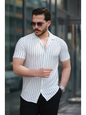 Erkek Kısa Kollu Gri çizgi Desenli örme Kumaş Pamuklu Gömlek
