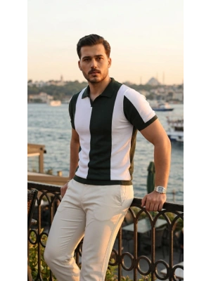 Erkek Kısa Kollu Polo Yakalı Blok Desenli Triko Bluz