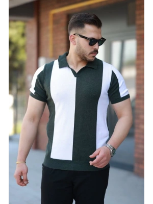 Erkek Kısa Kollu Polo Yakalı Blok Desenli Triko Bluz