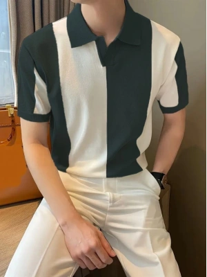 Erkek Kısa Kollu Polo Yakalı Blok Desenli Triko Bluz