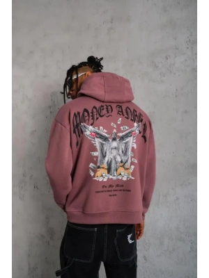 Erkek Kordon İpli Baskılı Kapüşonlu Sweatshirt - Gül Kurusu