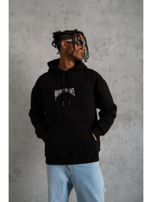 Erkek Kordon İpli Baskılı Kapüşonlu Sweatshirt - Siyah