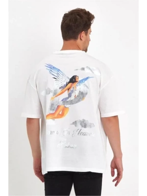 Erkek Melek Baskılı Oversize T-shirt - Beyaz