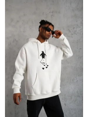 Erkek Nihilist Penguen Temalı Oversize Kapüşonlu Sweatshirt - Beyaz
