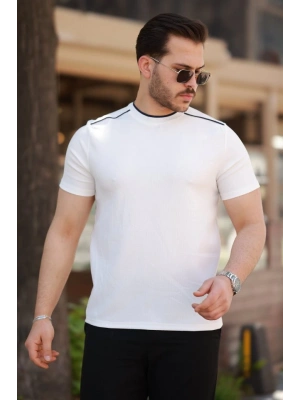 Erkek Omuzlar çizgi Detaylı Kısa Kollu T-shirt