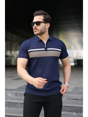 Erkek Örgü Desenli Renkli Kısa Kollu Triko Tişört