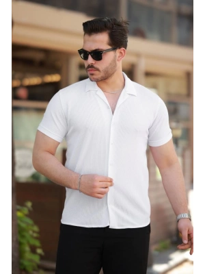 Erkek Ottoman Kumaş Apaj Yaka Kısa Kollu Gömlek