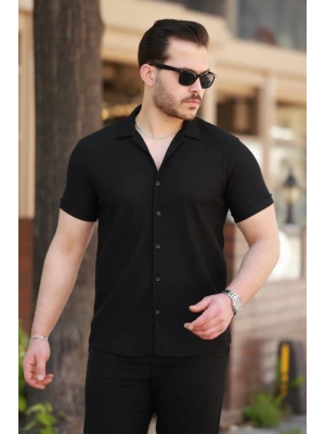 Erkek Ottoman Kumaş Apaj Yaka Kısa Kollu Gömlek