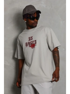 ERKEK Oversize Baskılı Bisiklet Yaka T-Shirt - Gri